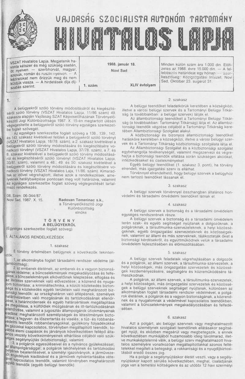 Vajdaság Szocialista Autonóm Tartomány Hivatalos Lapja, 44. évf. 1988. január 18. 1. sz.