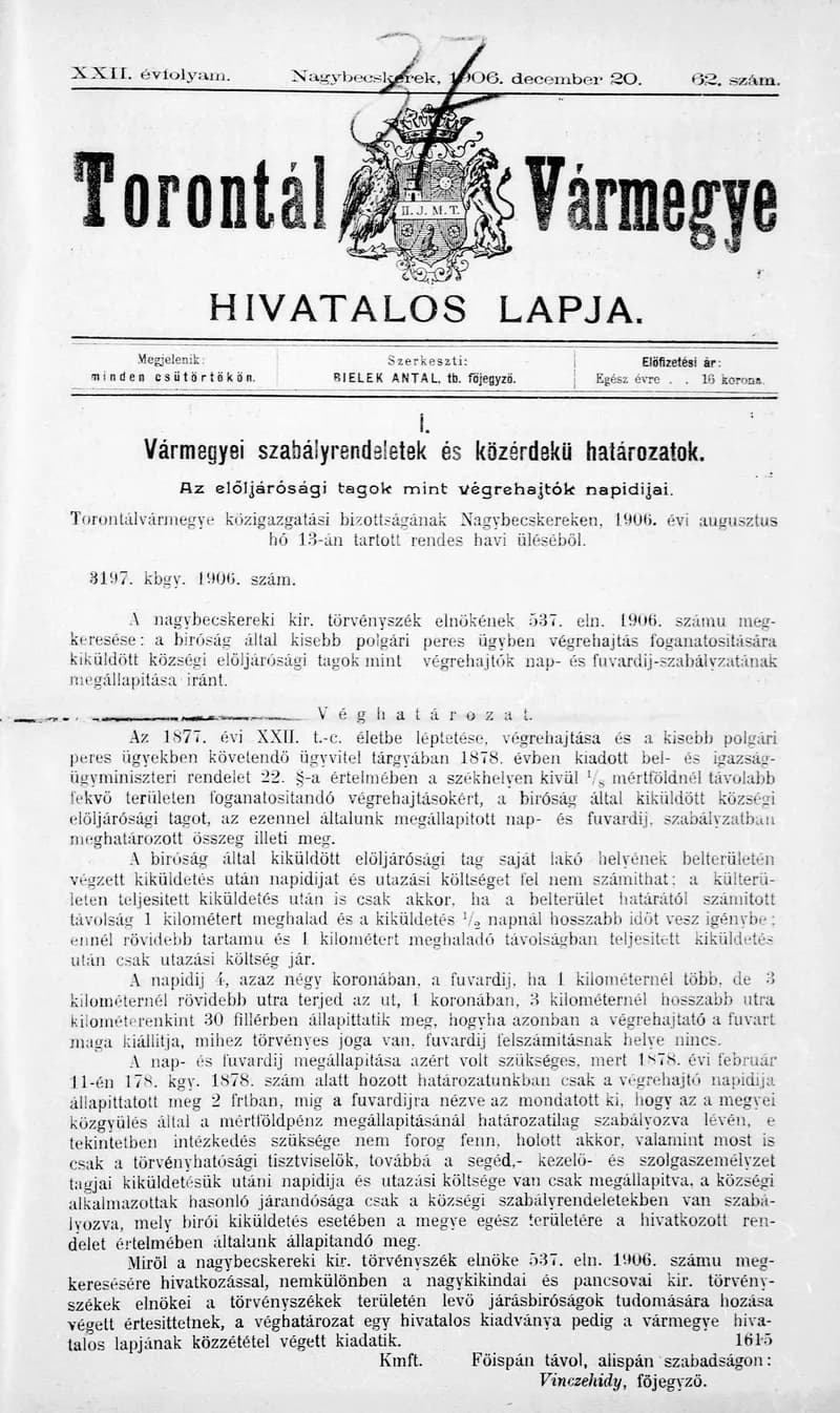 Torontál Vármegye Hivatalos Lapja, 22. évf. 1906. december 20. 62. sz.