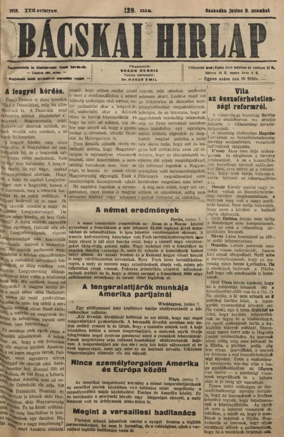 Bácskai Hirlap, 22. évf. 1918. június 8. 129. sz.