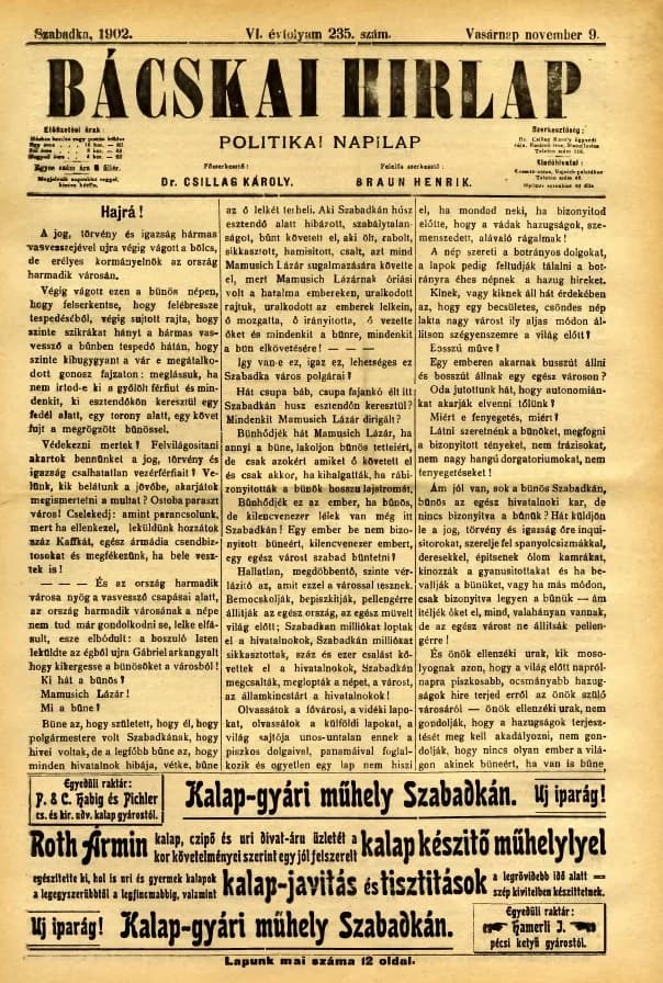 Bácskai Hirlap, 6. évf. 1902. november 9. 235. sz.