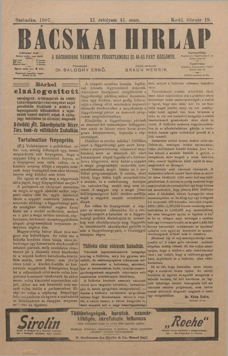 Bácskai Hirlap, 11. évf. 1907. február 19. 41. sz.