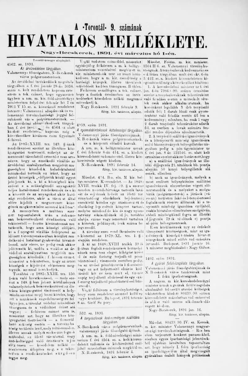 A Totontál  hivatalos melléklete, 4. évf. 1891. március 1. 9. sz.