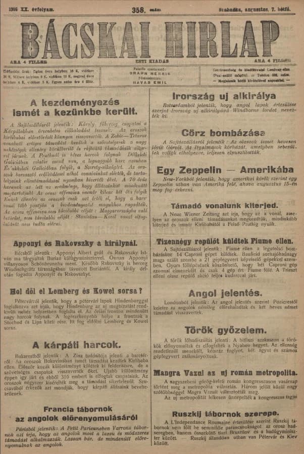 Bácskai Hirlap, 20. évf. 1916. augusztus 7. 358. sz.