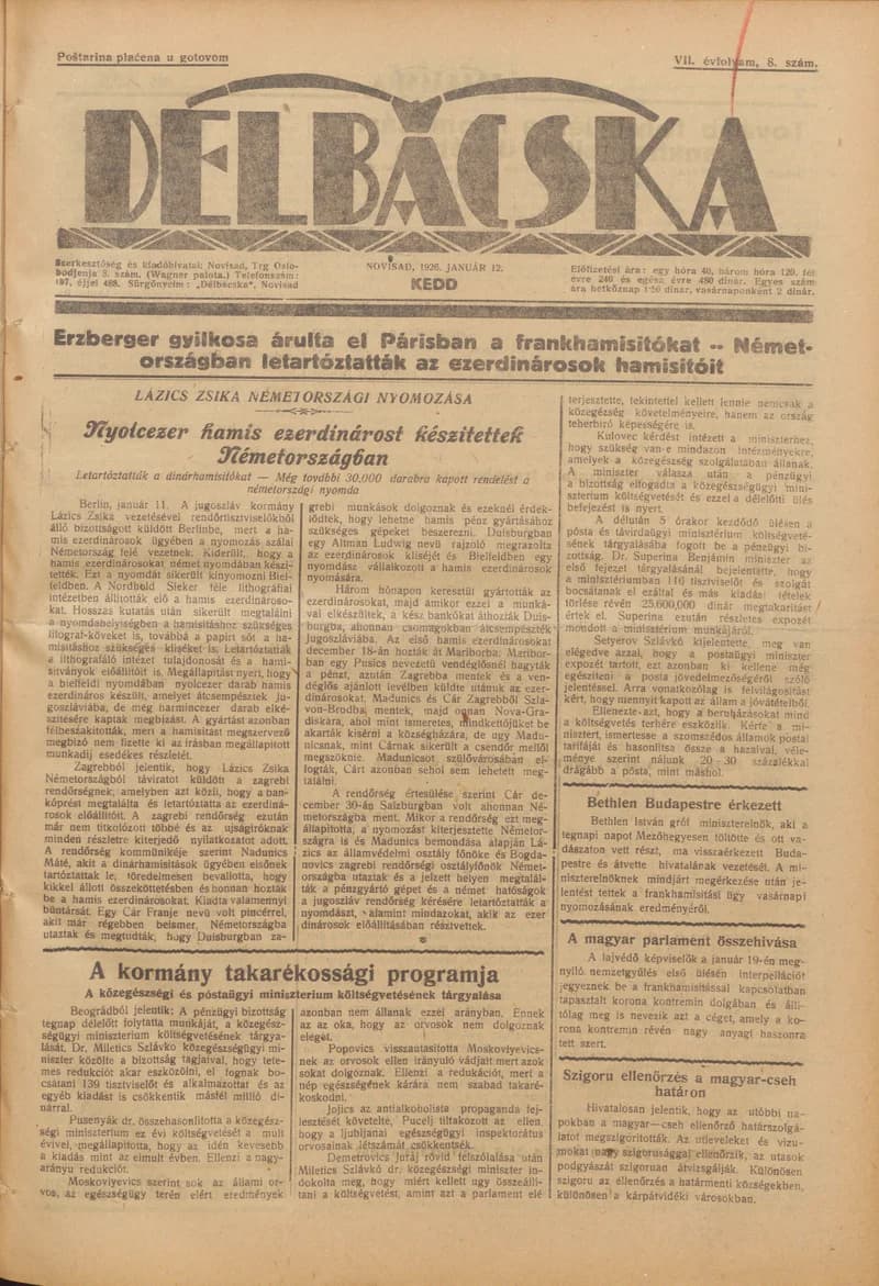 Délbácska, 7. évf. 1926. január 12. 8. sz.