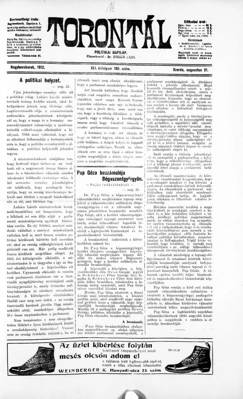 Torontál, 41. évf. 1912. augusztus 21. 189. sz.