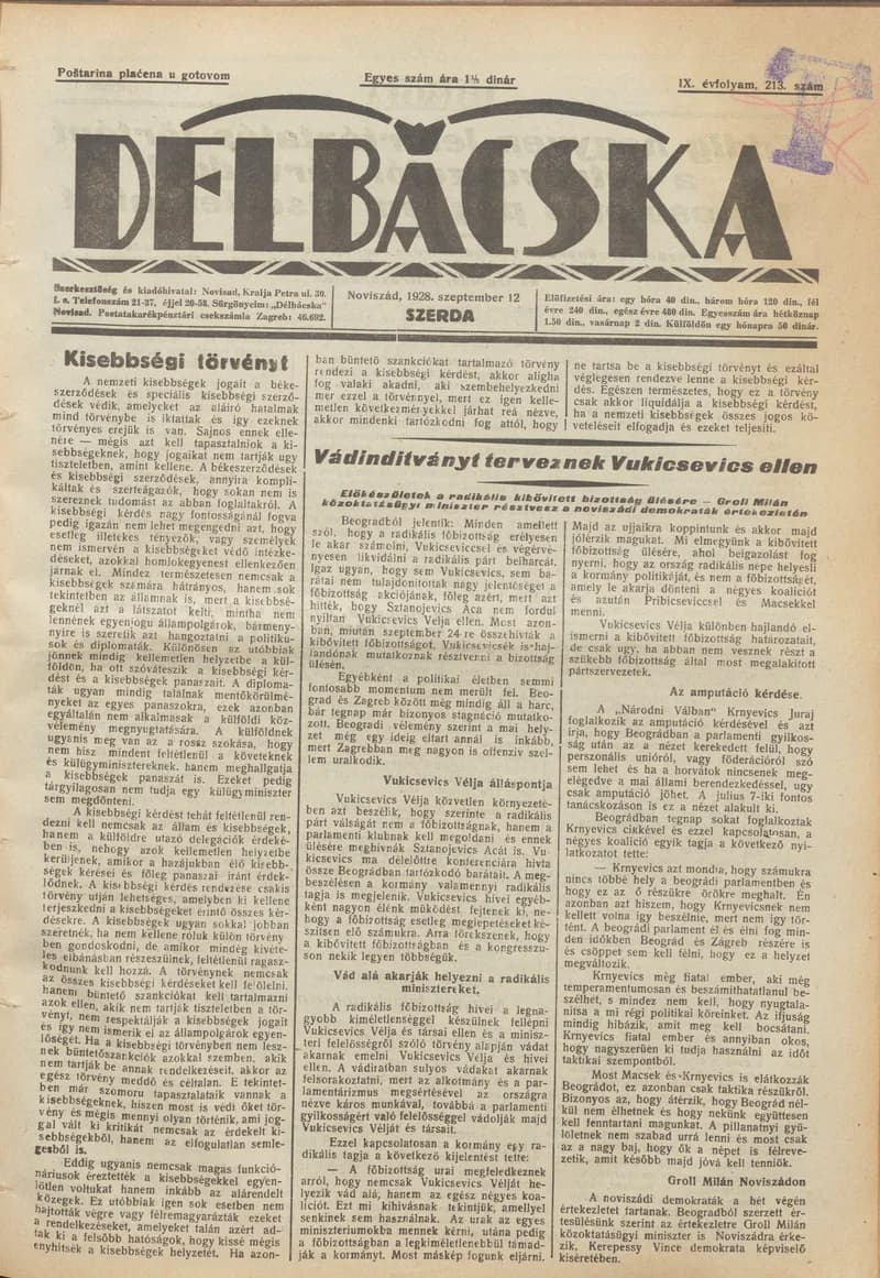 Délbácska, 9. évf. 1928. szeptember 12. 213. sz.
