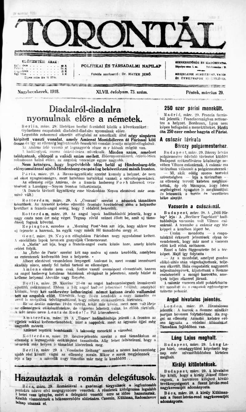 Torontál, 47. évf. 1918. március 29. 73. sz.