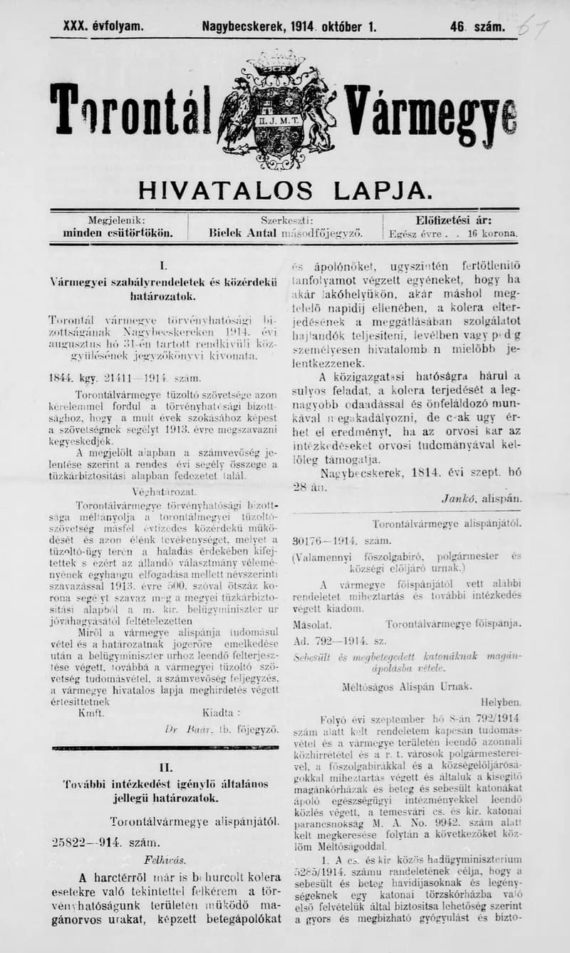 Torontál Vármegye Hivatalos Lapja, 30. évf. 1914. október 1. 46. sz.