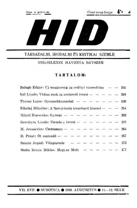 Híd, 7. évf. 1940. augusztus. 11–12. sz. 241–280. oldal