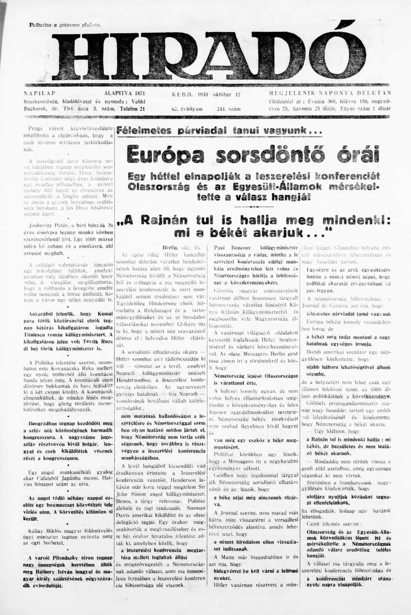 Híradó, 62. évf. 1933. október 17. 244. sz.