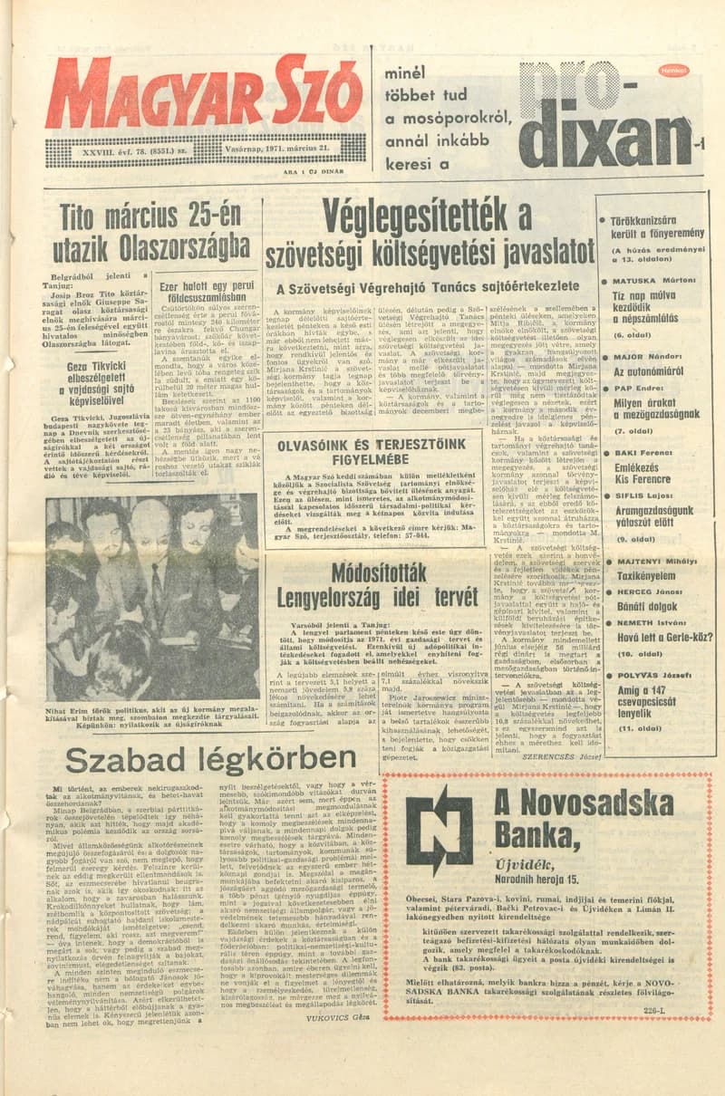 Magyar Szó, 28. évf. 1971. március 21. 78. sz. 1–32. oldal