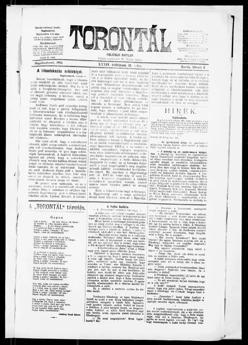 Torontál, 34. évf. 1905. február 8. 31. sz.