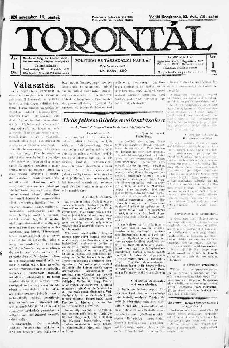 Torontál, 53. évf. 1924. november 14. 261. sz.