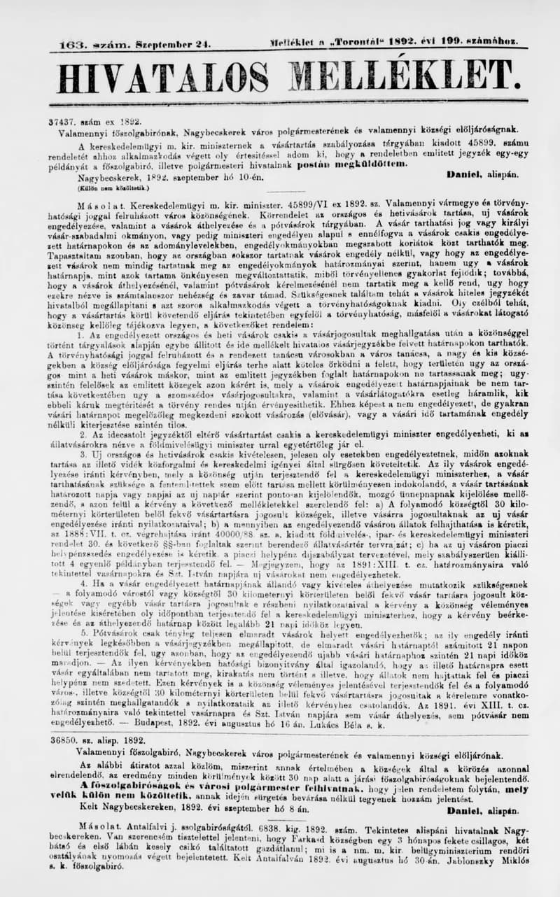 A Totontál  hivatalos melléklete, 5. évf. 1892. szeptember 24. 163. sz.