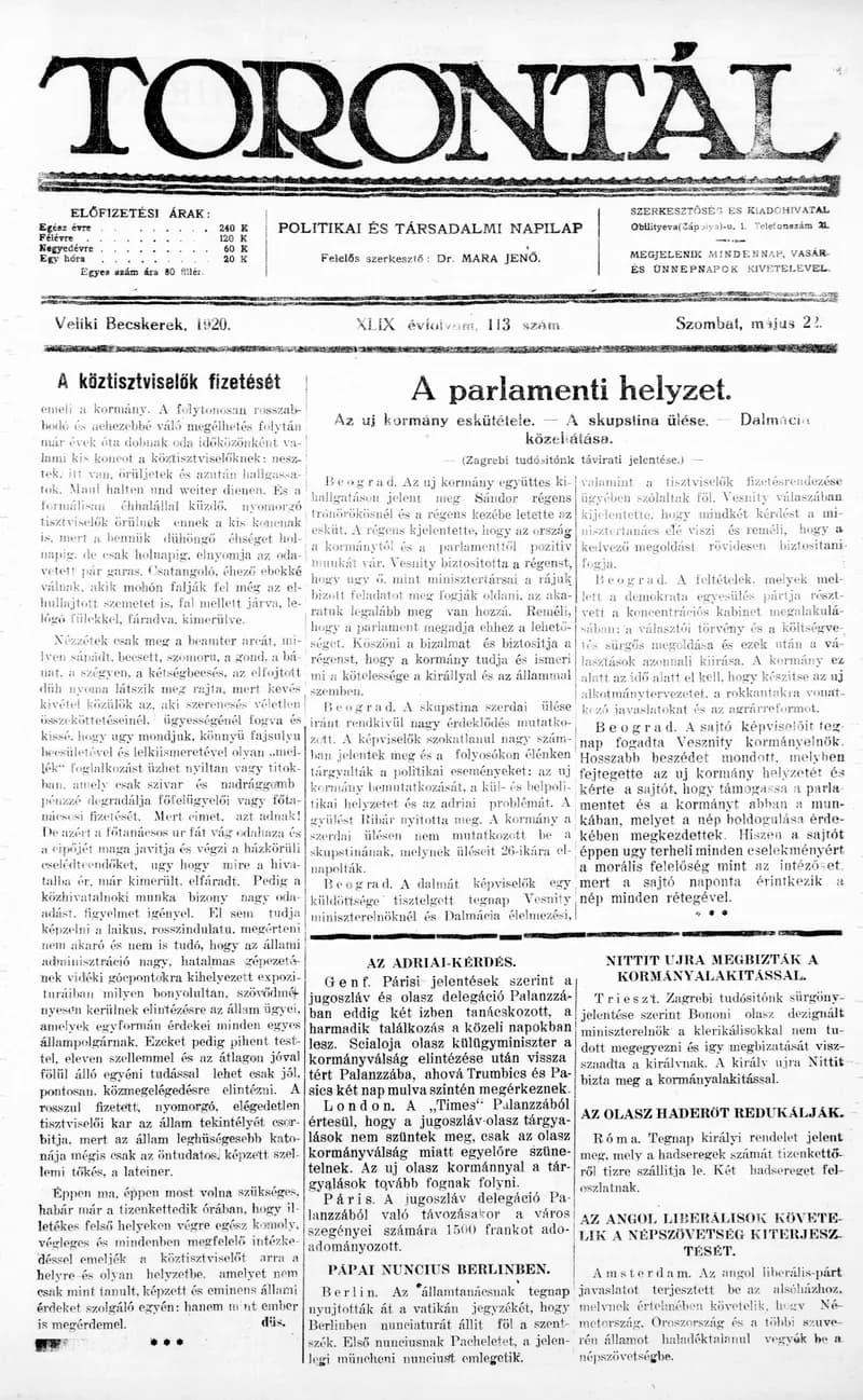 Torontál, 49. évf. 1920. május 22. 113. sz.