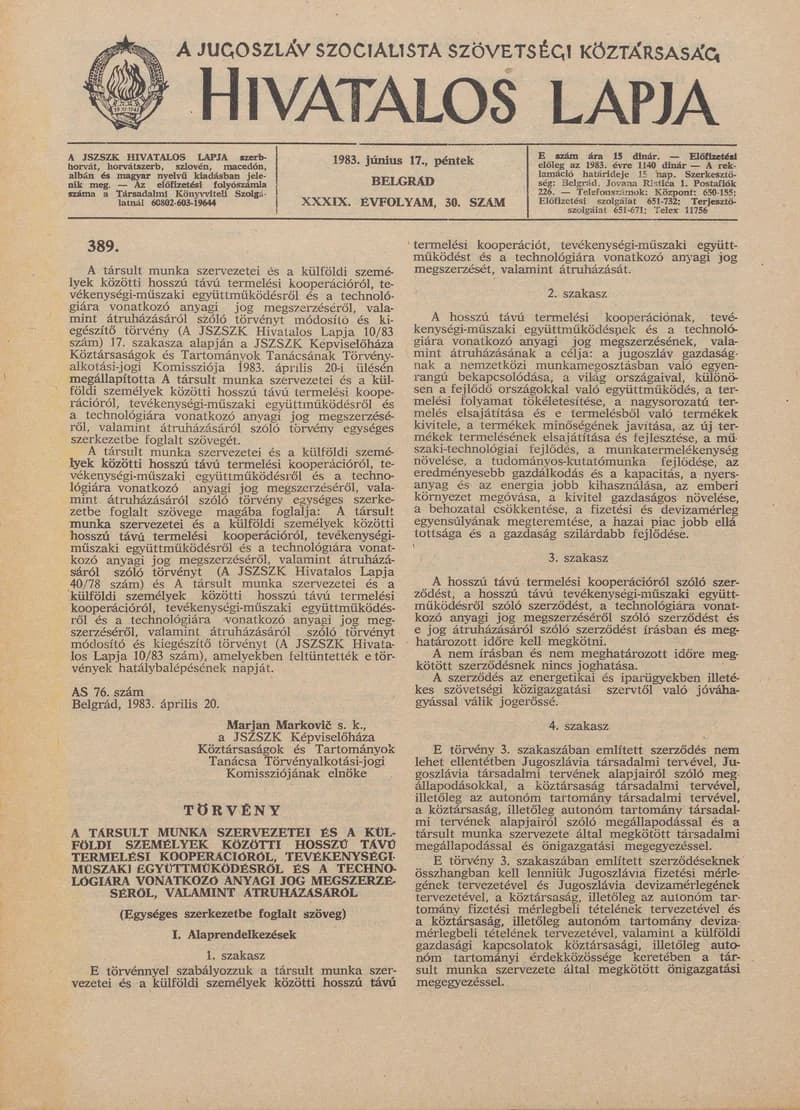 A Jugoszláv Szocialista Szövetségi Köztársaság Hivatalos Lapja, 39. évf. 1983. június 17. 30. sz. 917–940. oldal