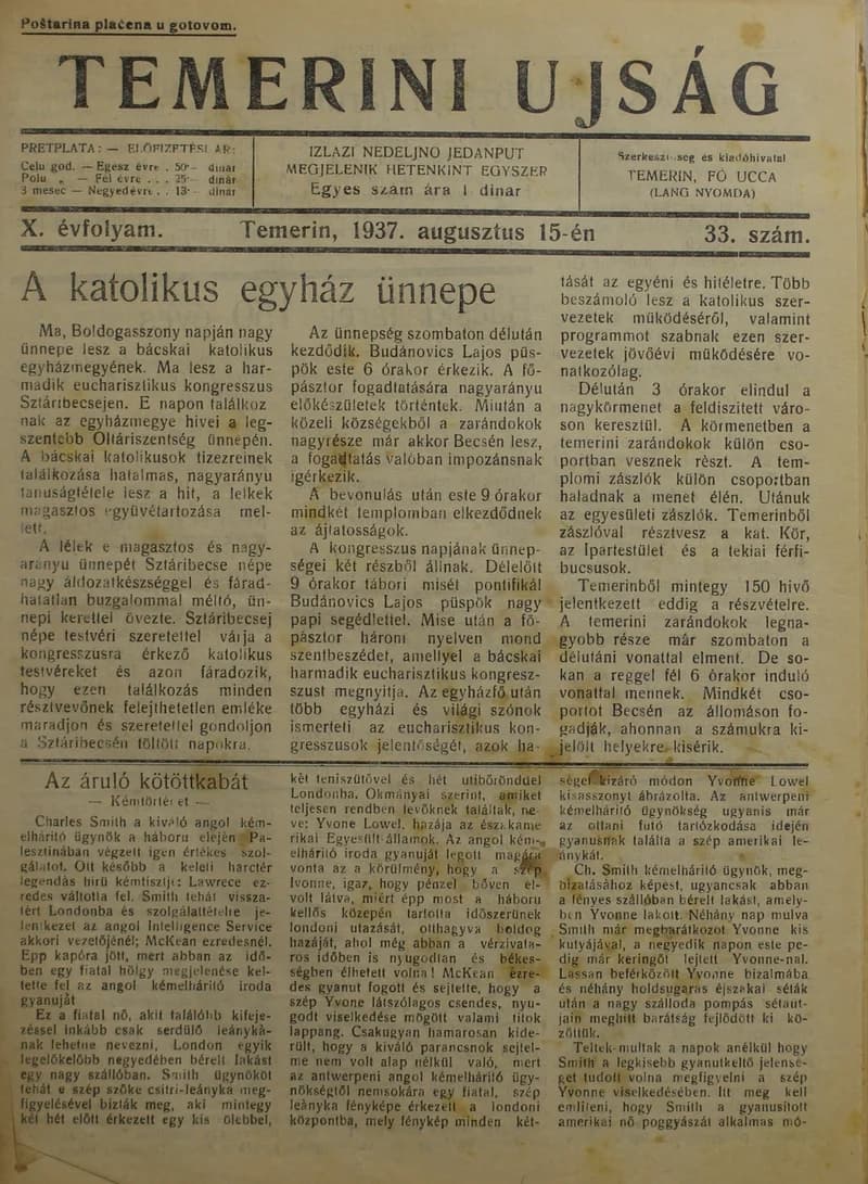 Temerini Újság 1928-1944, 10. évf. 1937. augusztus 15. 33. sz.