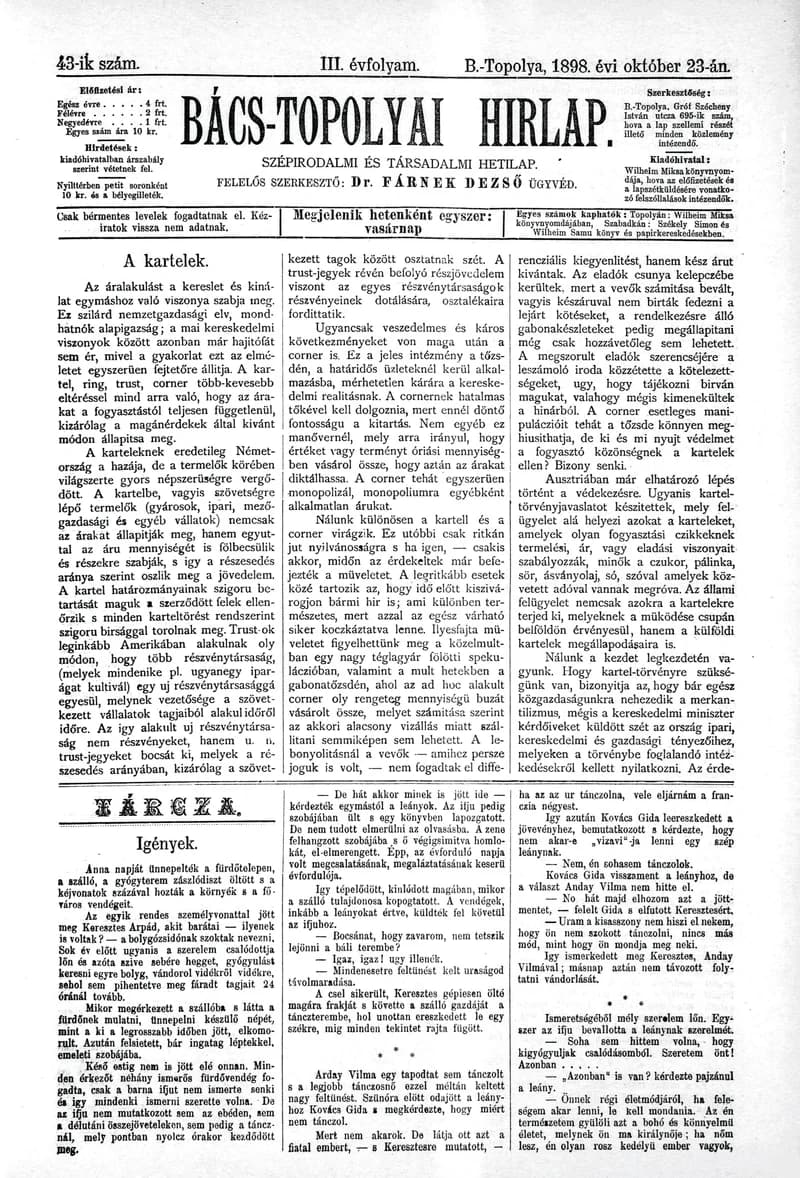 Bács-Topolyai Hirlap, 3. évf. 1898. október 23. 43. sz.