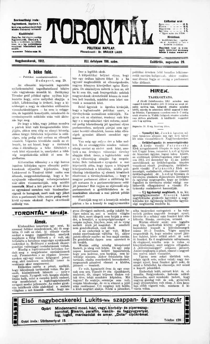 Torontál, 41. évf. 1912. augusztus 29. 196. sz.