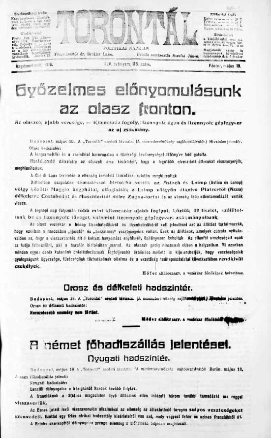 Torontál, 45. évf. 1916. május 19. 115. sz.