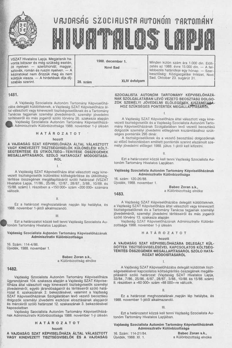 Vajdaság Szocialista Autonóm Tartomány Hivatalos Lapja, 44. évf. 1988. december 1. 28. sz.