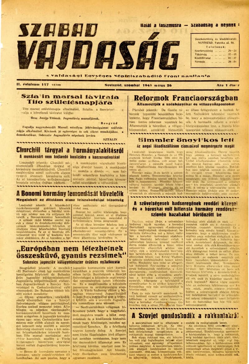 Szabad Vajdaság, 2. évf. 1945. május 26. 117. sz.