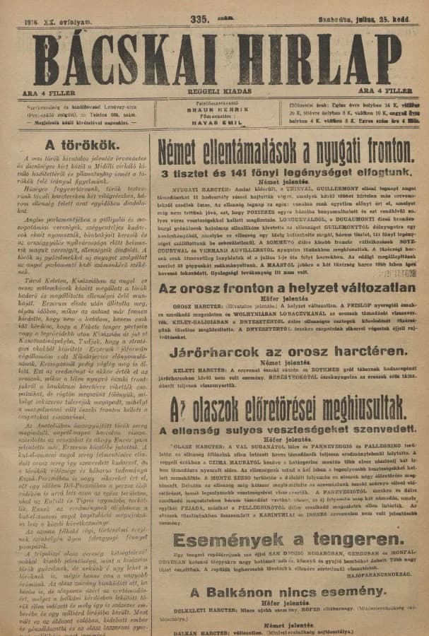 Bácskai Hirlap, 20. évf. 1916. július 24. 335. sz.