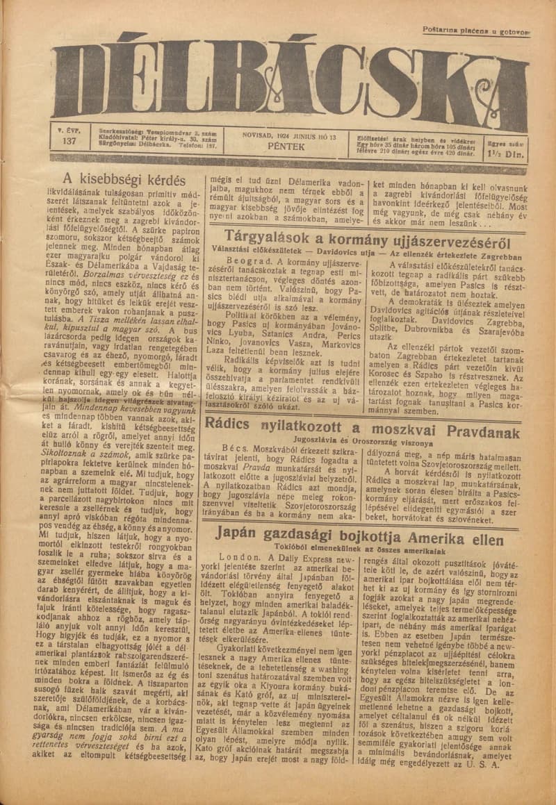 Délbácska, 5. évf. 1924. június 13. 137. sz.