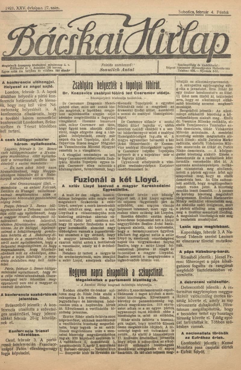 Bácskai Hirlap, 25. évf. 1921. február 4. 27. sz.