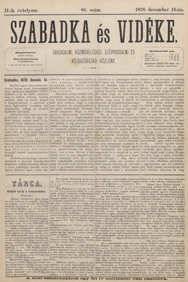Szabadka és vidéke, 2. évf. 1878. december 15. 81. sz.