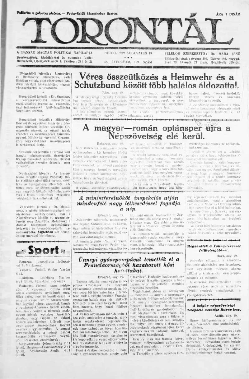 Torontál, 58. évf. 1929. augusztus 19. 189. sz.