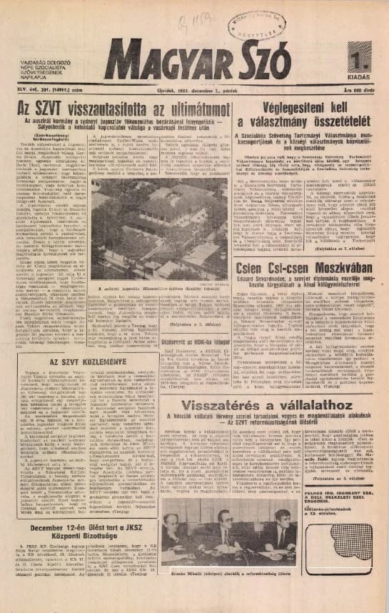 Magyar Szó, 45. évf. 1988. december 2. 331. sz.