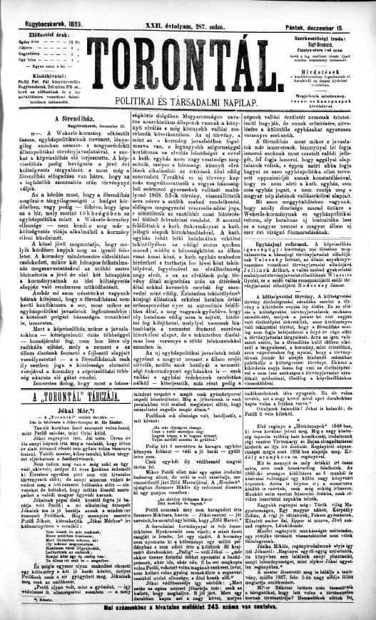 Torontál, 22. évf. 1893. december 15. 287. sz.