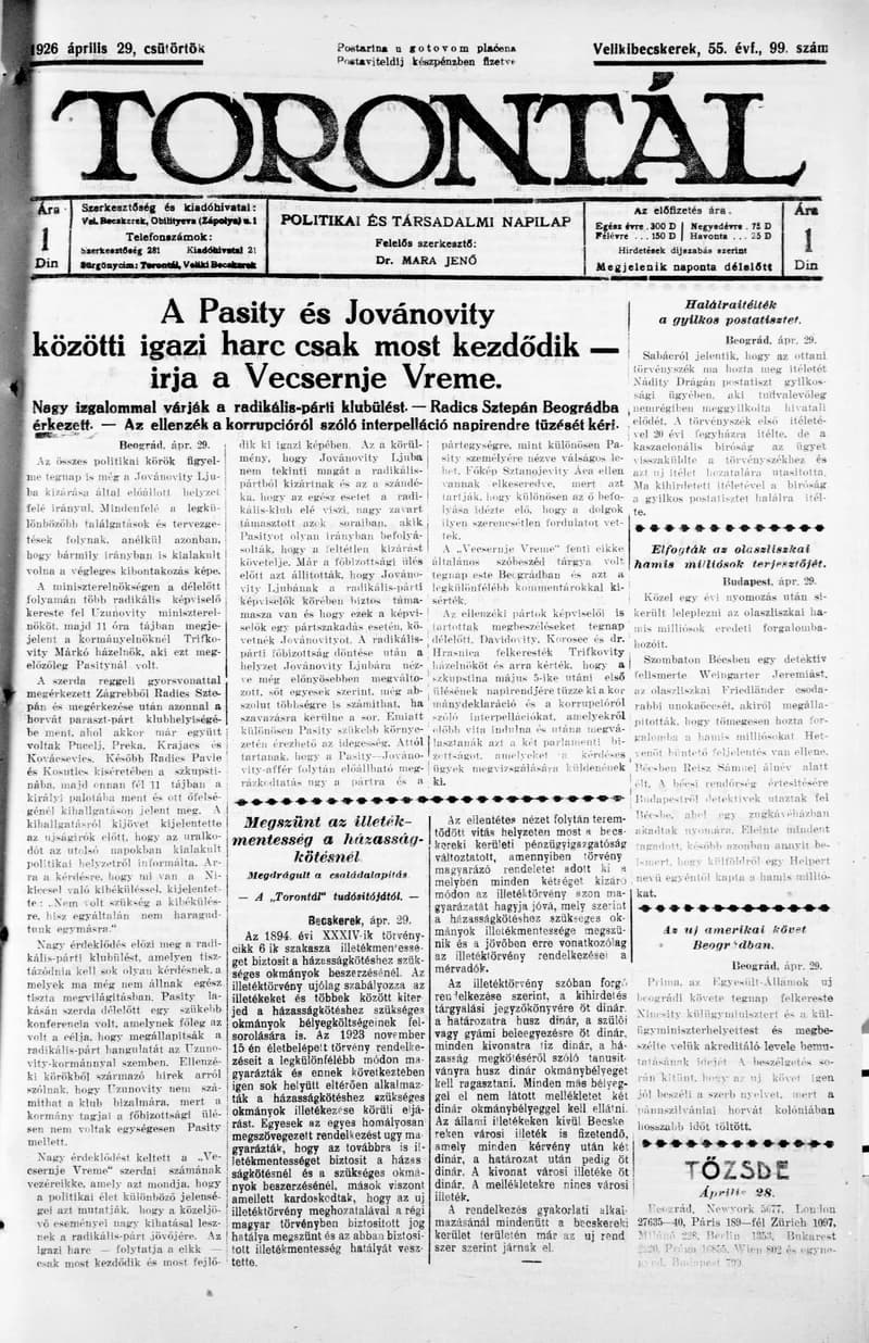 Torontál, 55. évf. 1926. április 29. 99. sz.