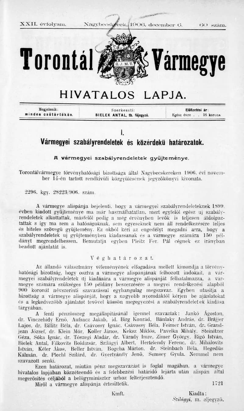 Torontál Vármegye Hivatalos Lapja, 22. évf. 1906. december 6. 60. sz.