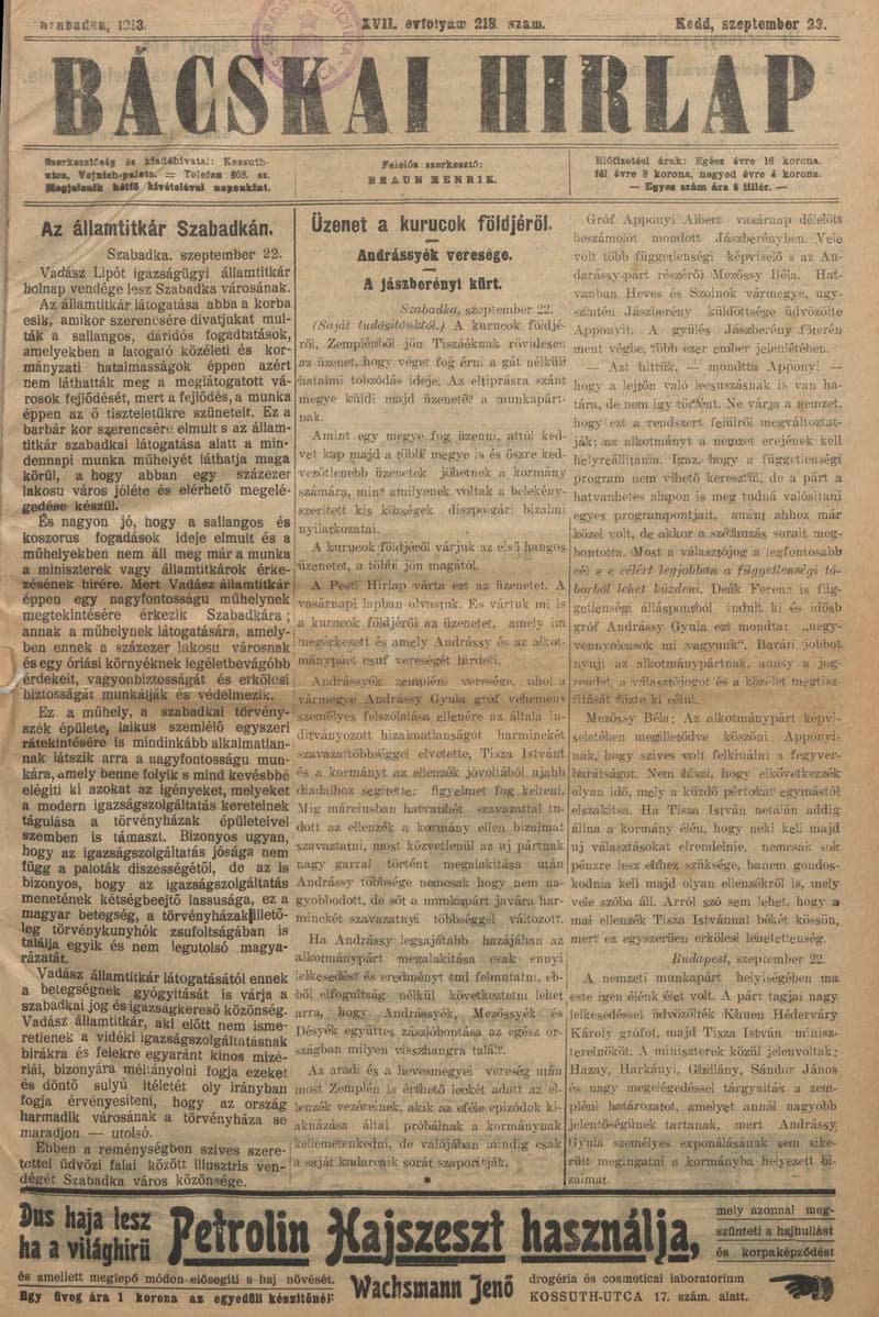Bácskai Hirlap, 17. évf. 1913. szeptember 23. 218. sz.