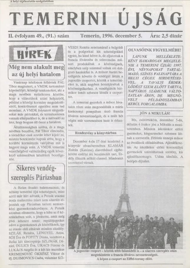 Temerini Újság, 2. évf. 1996. december 5. 49. sz.