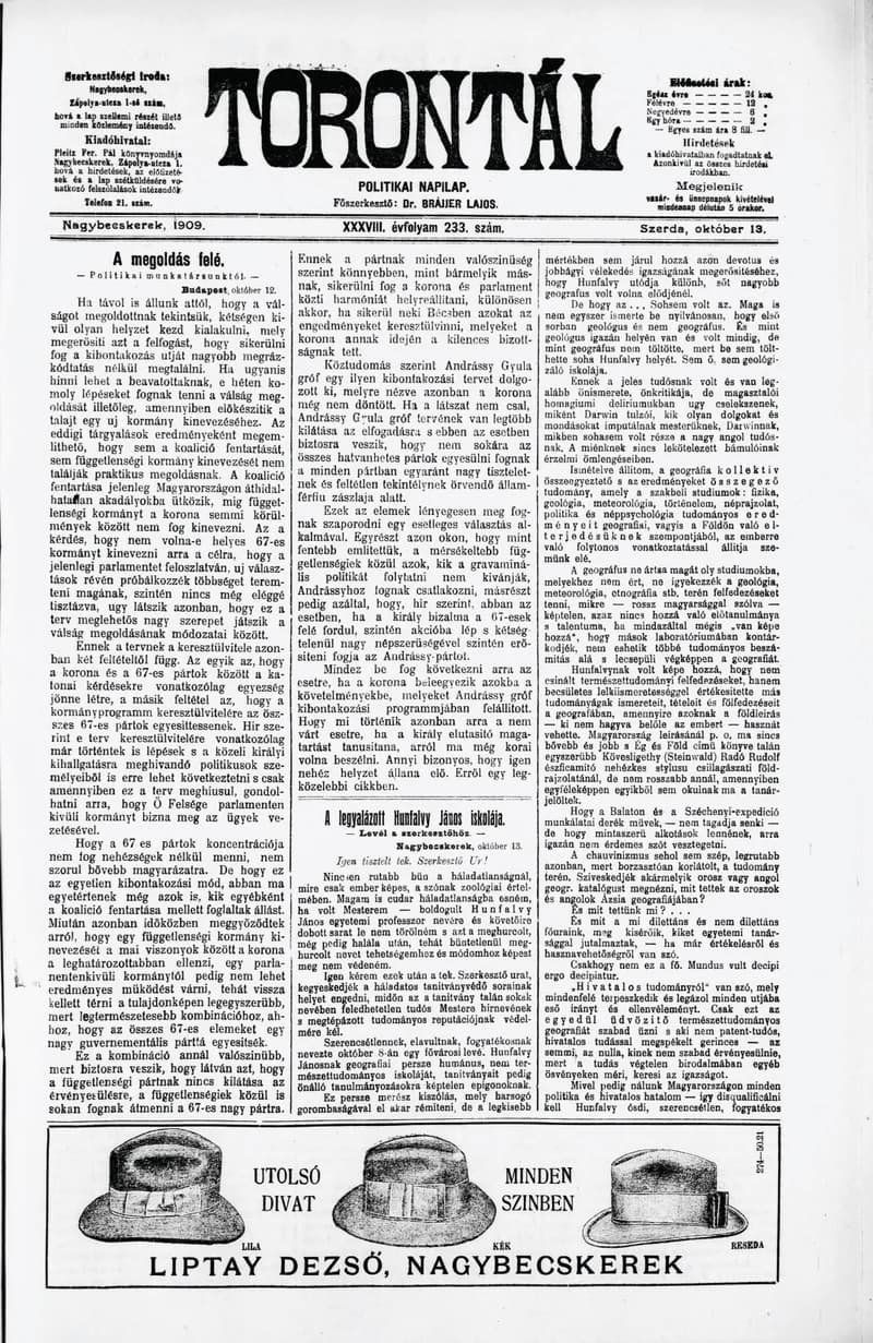Torontál, 38. évf. 1909. október 13. 233. sz.