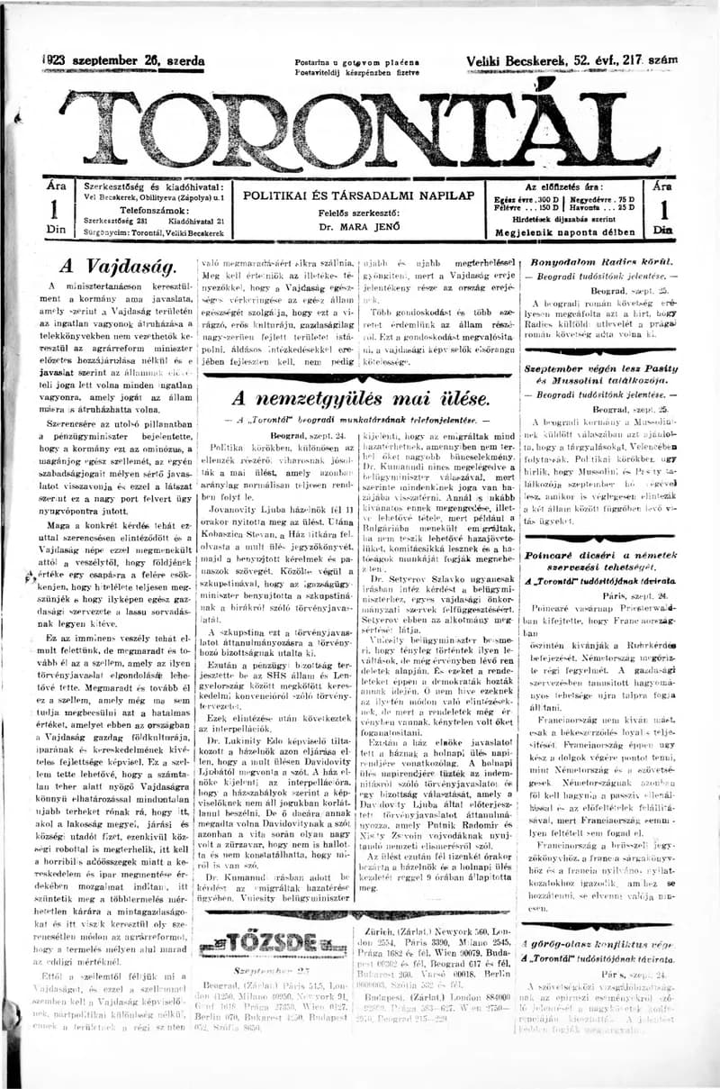 Torontál, 52. évf. 1923. szeptember 26. 217. sz.