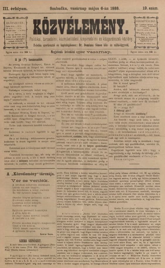 Közvélemény, 3. évf. 1888. május 6. 19. sz.