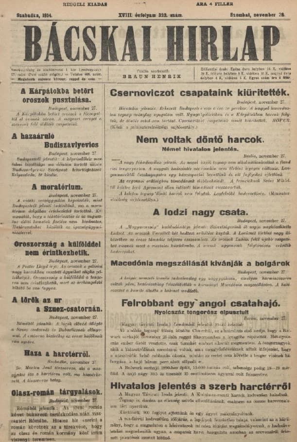 Bácskai Hirlap, 18. évf. 1914. november 28. 322. sz.