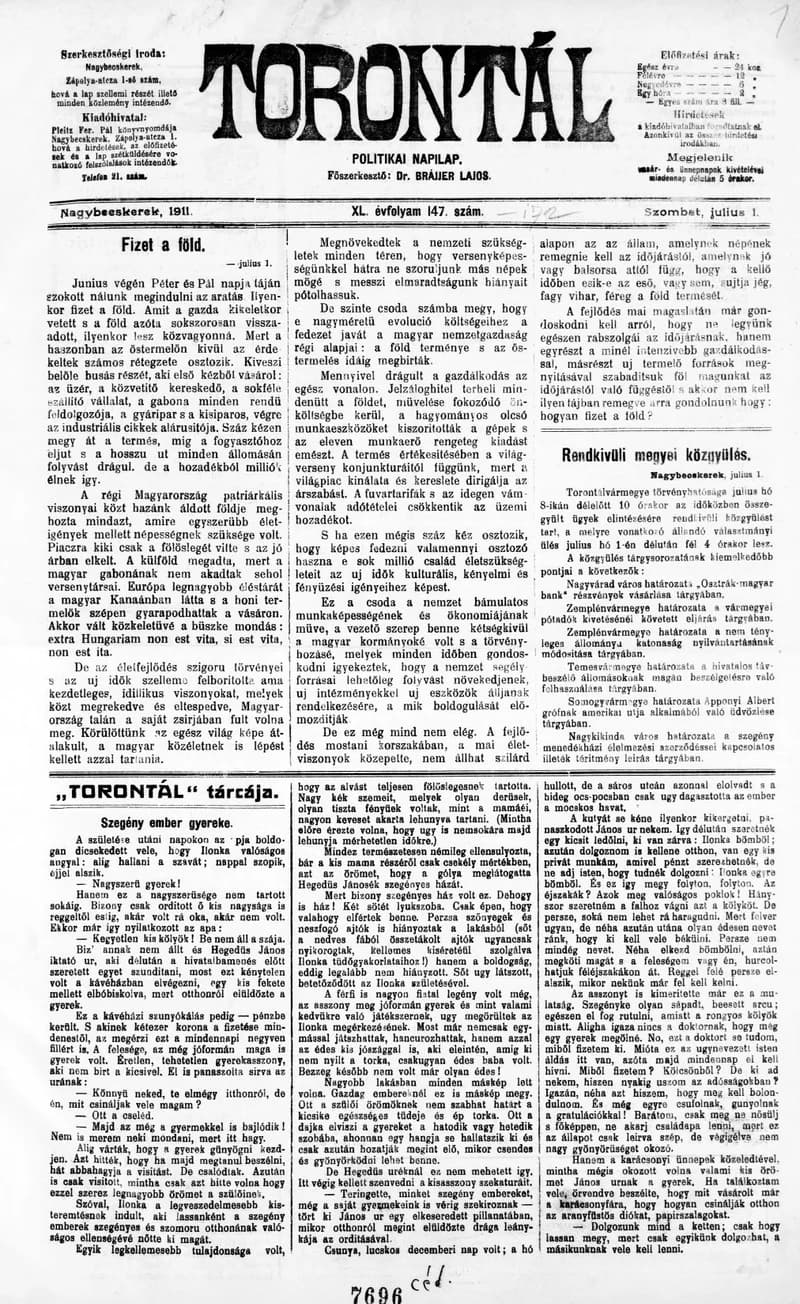 Torontál, 40. évf. 1911. július 1. 147. sz.