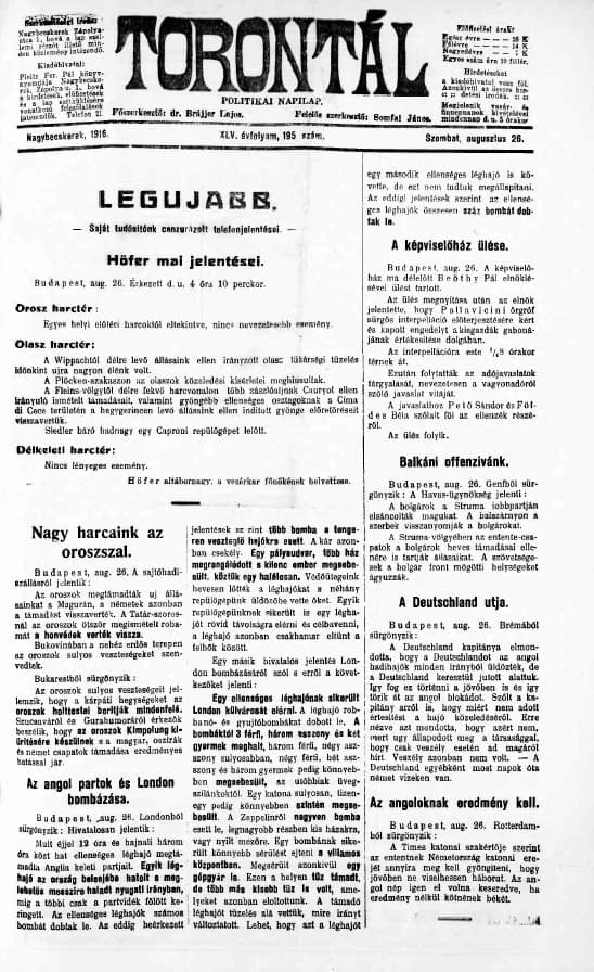 Torontál, 45. évf. 1916. augusztus 26. 195. sz.
