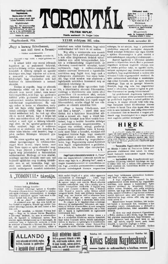 Torontál, 33. évf. 1904. november 22. 267. sz.