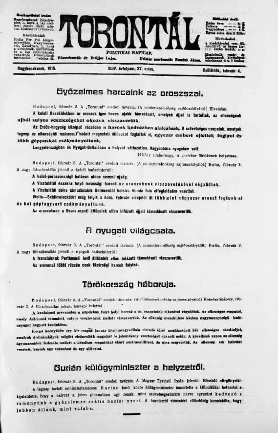 Torontál, 44. évf. 1915. február 4. 27. sz.