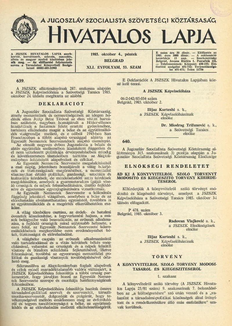 A Jugoszláv Szocialista Szövetségi Köztársaság Hivatalos Lapja, 41. évf. 1985. október 4. 53. sz. 1433–1448. oldal