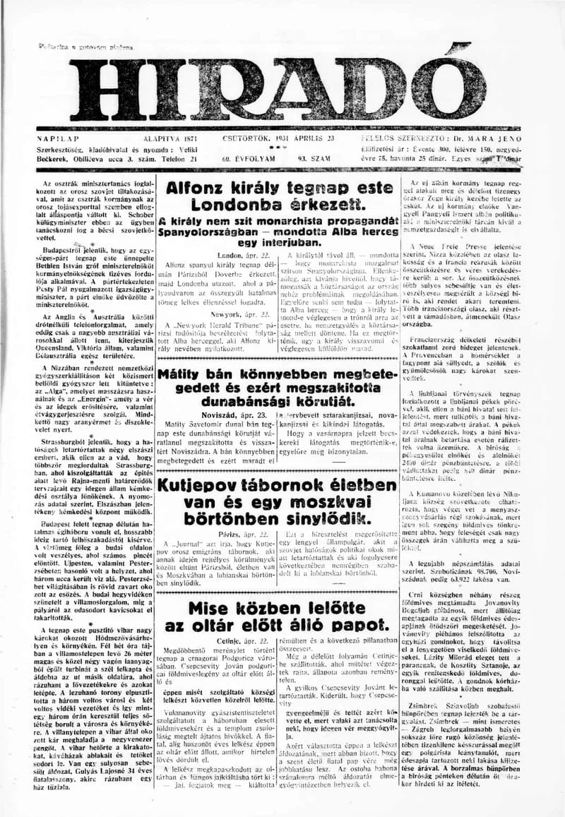 Híradó, 60. évf. 1931. április 23. 93. sz.