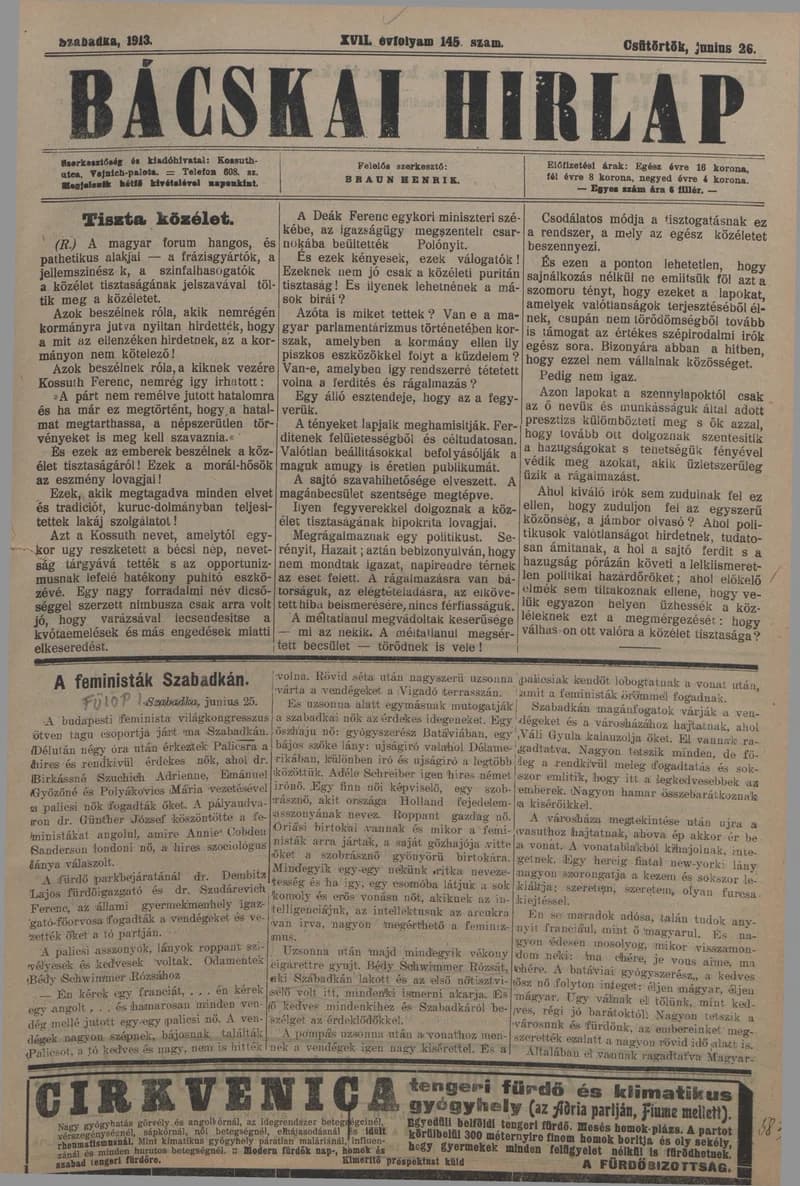 Bácskai Hirlap, 17. évf. 1913. június 26. 145. sz.