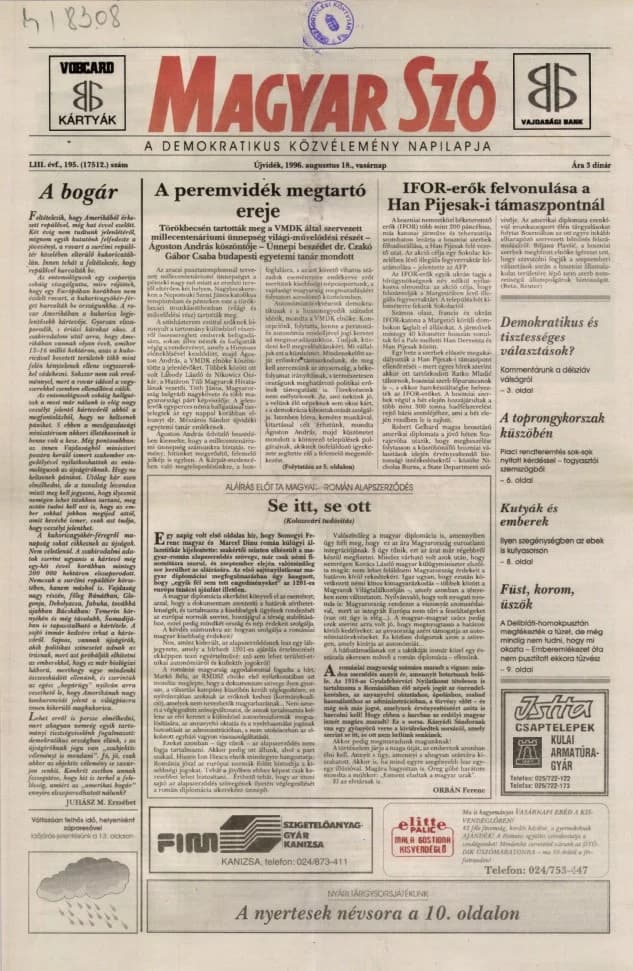 Magyar Szó, 53. évf. 1996. augusztus 18. 195. sz. 1–24. oldal