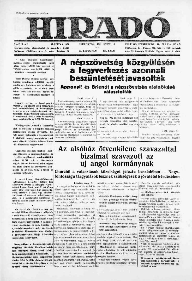 Híradó, 60. évf. 1931. szeptember 10. 208. sz.